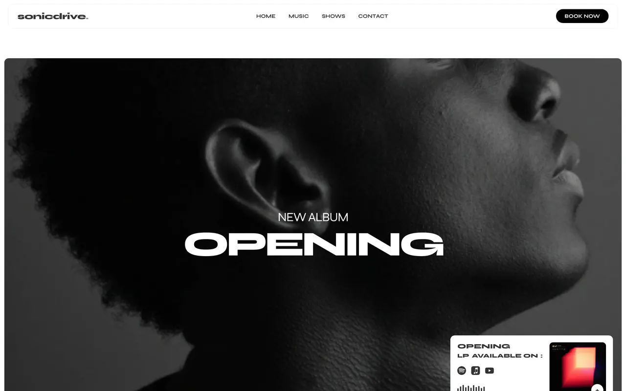 The Sonic Drive template homepage: a black-and-white portrait under a white nav bar, with a giant uppercase album title and a floating release card of streaming links.